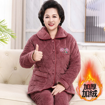 珊瑚绒睡衣女士冬季三层夹棉加厚加绒法兰绒中老年妈妈保暖家居服