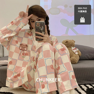 大码 春秋和服开衫 带胸垫卡通可爱休闲家居服套装 睡衣女款 胖MM 长袖