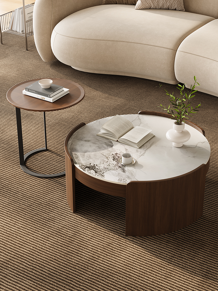 现代简约大小圆岩板茶几组合木纹高端意式客厅家用小户型实木茶桌