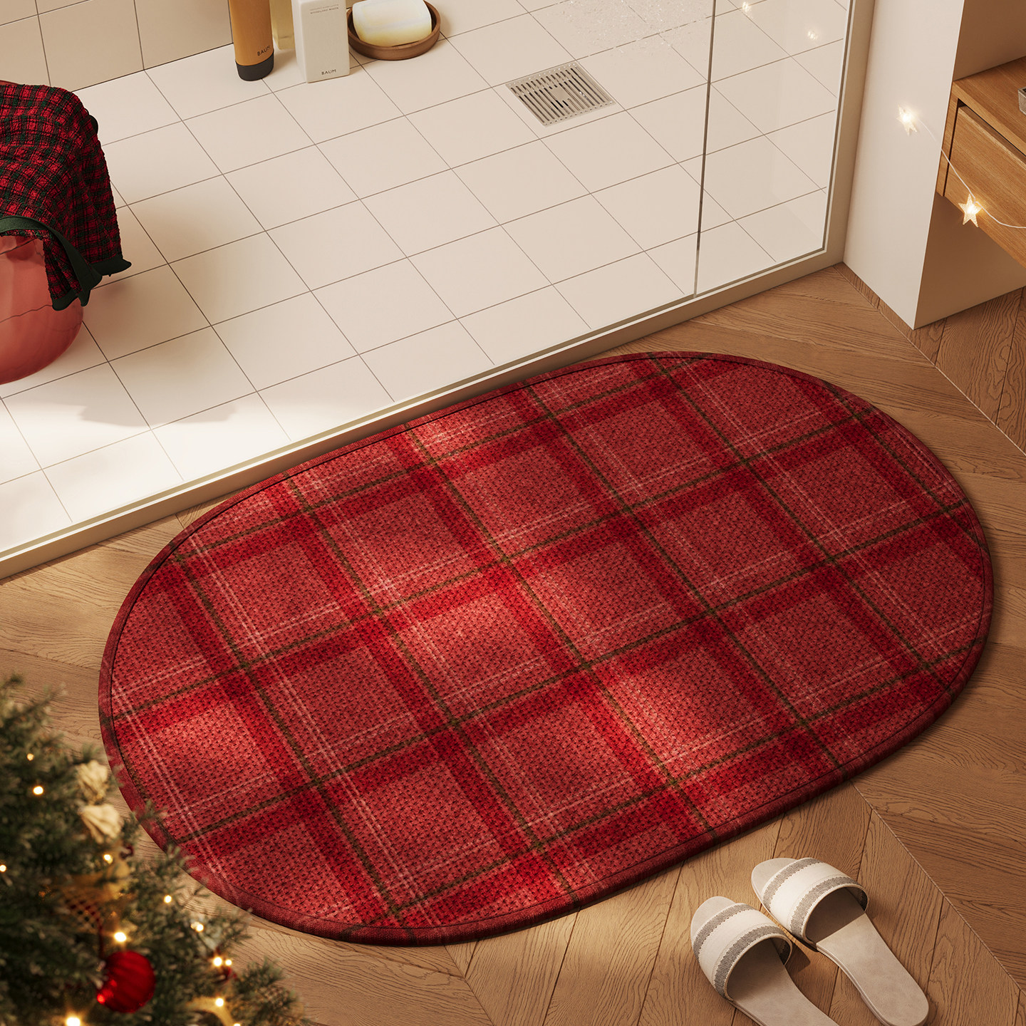 椭圆浴室防滑垫圣诞风格子轻奢高级感吸水速干地毯免洗卫生间地垫,居家布艺,家用脚垫,淘宝优惠券,粉丝福利购,淘宝优惠卷