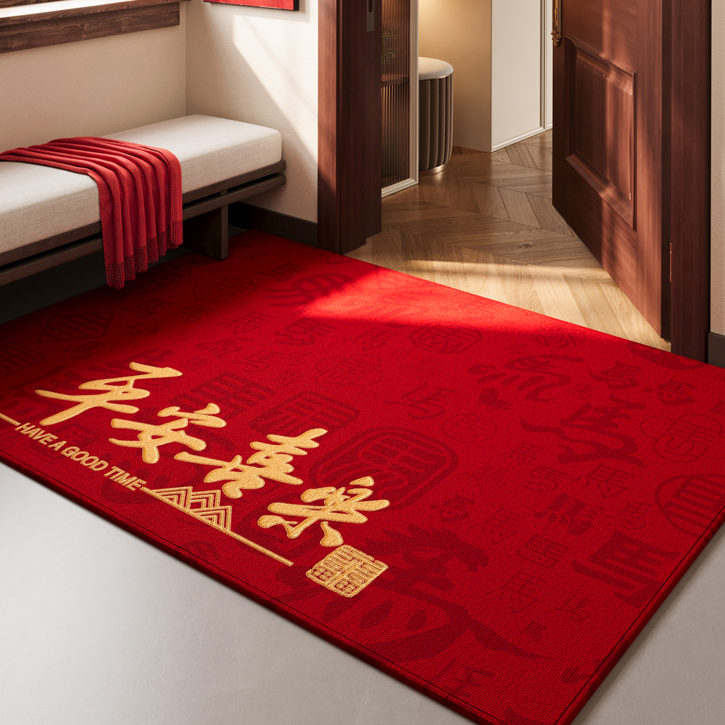 红色喜庆入户门地进门防滑