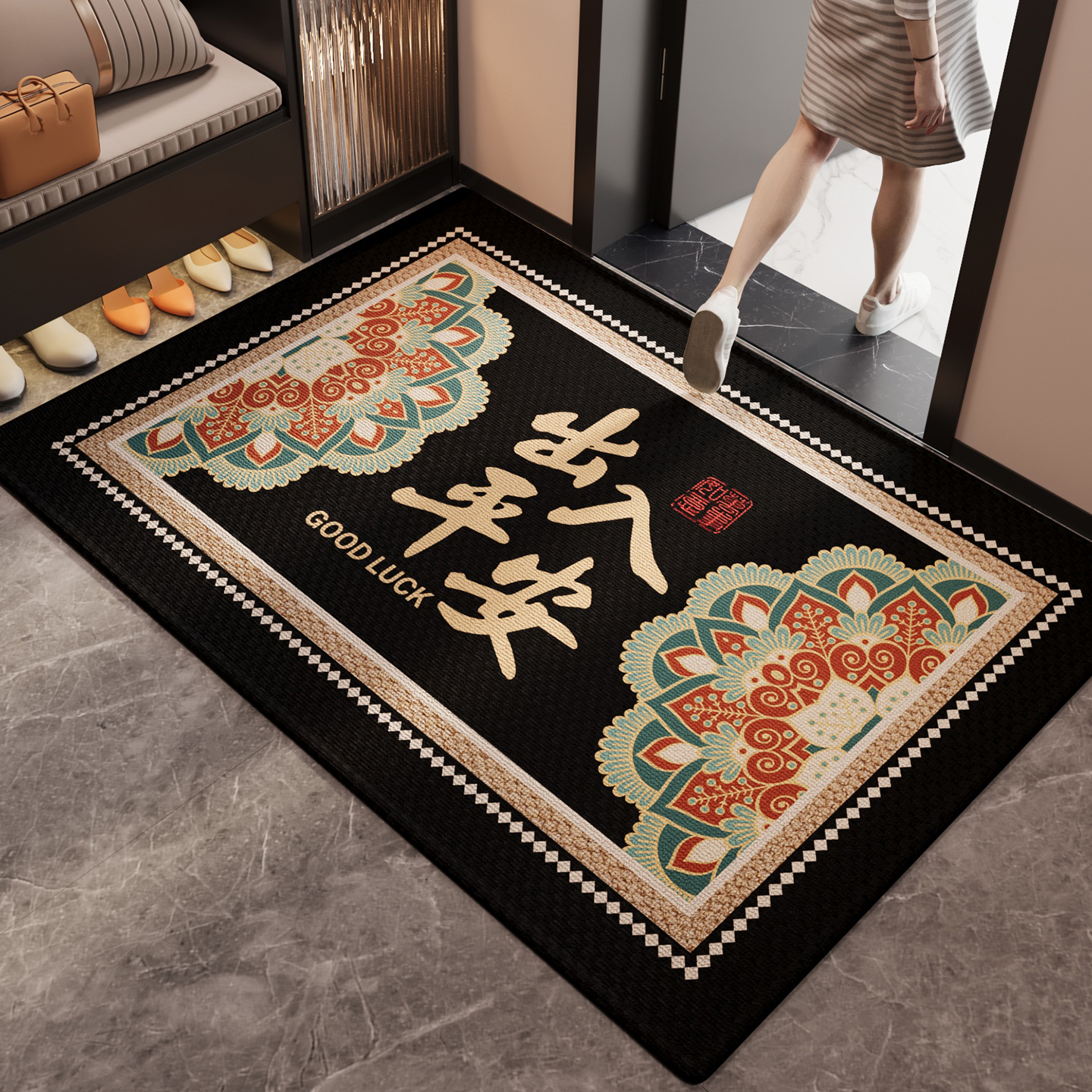 入户门地垫玄关大门口进门脚垫新中式民族风防滑除尘耐磨耐脏地毯