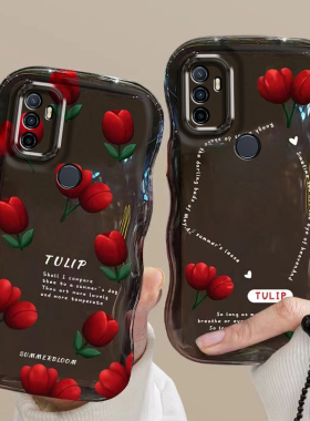 适用于OPPOA32波浪边郁金香手机壳复古红色花朵OPPOPDVM00透明硅胶全包防摔保护套时尚轻奢风