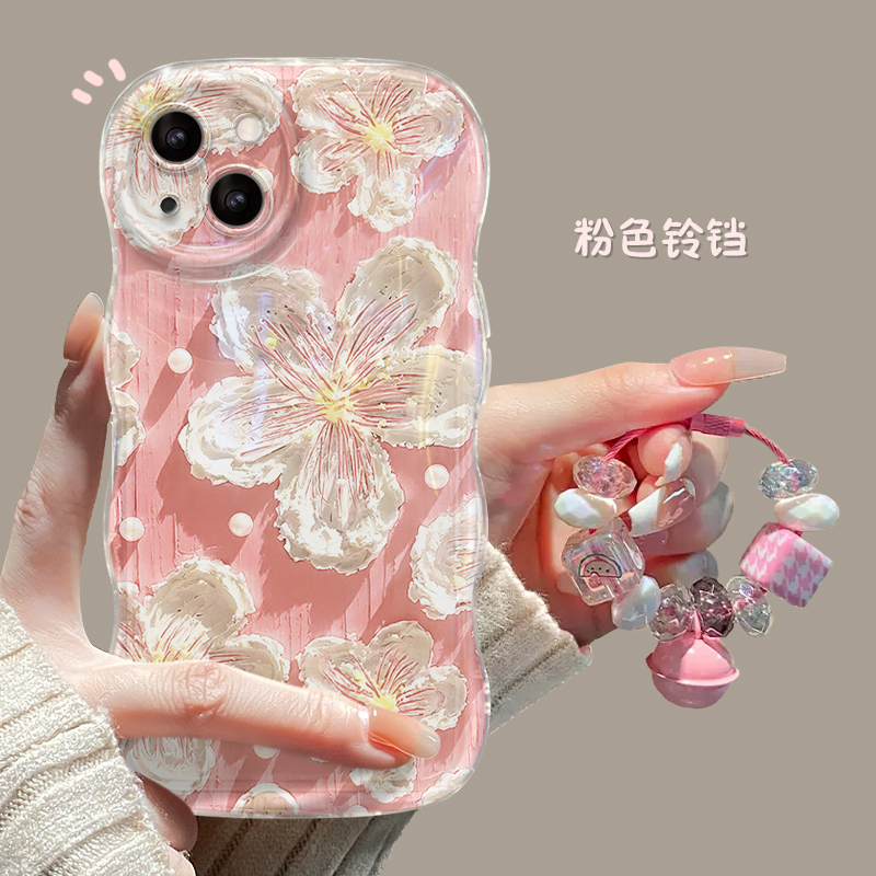 适用于苹果15Pro手机壳iPhone13时尚12波浪边11ProMax油画白花XS硅胶套6S全包7防摔8Plus粉色铃铛14