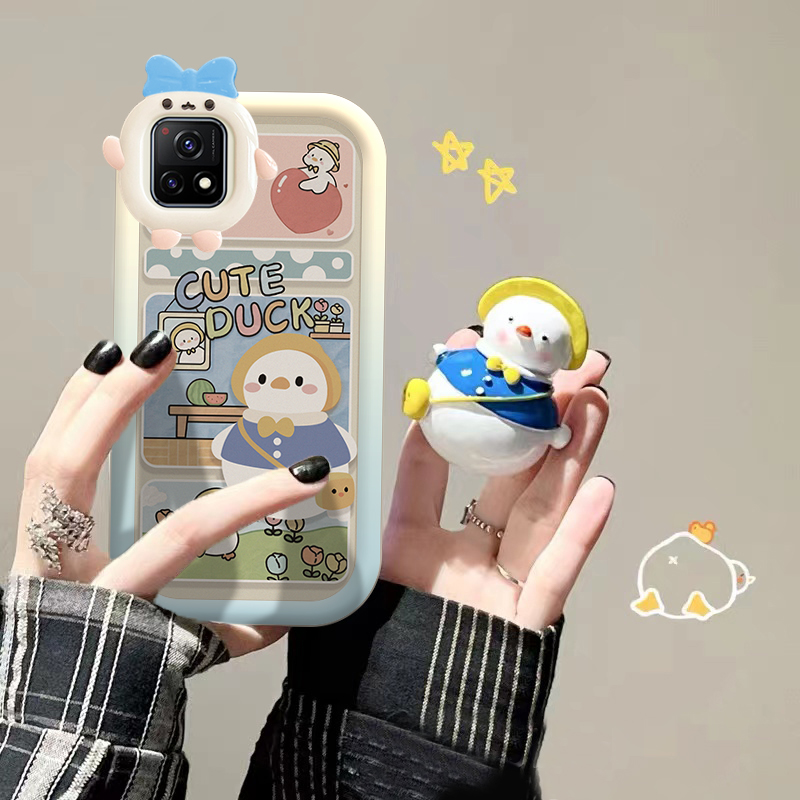适用于vivoiQOOU3x手机壳网红卡通萌宠鸭子气囊支架vivoV2106A硅胶全包防摔保护套小怪兽创意镜头