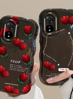 适用于OPPOA2x新款手机壳时尚轻奢复古红色花朵OPPOPJS110全包边防摔保护套波浪边硅胶软壳