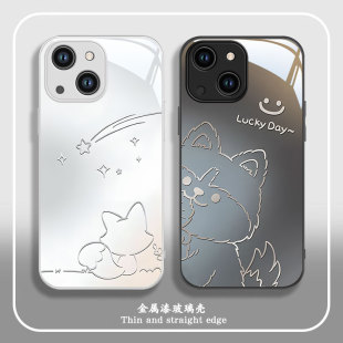 适用苹果15手机壳iPhone14promax金属漆IP13玻璃mini猫咪11狗狗12防摔8plus保护套7p二代SE3新款 6s女卡通创意