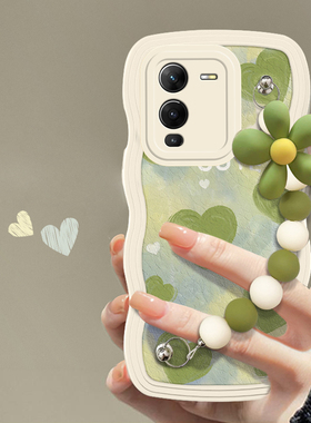 适用于vivoS15网红手机壳时尚小清新绿色油画爱心S15Pro创意硅胶保护套S15e镜头全包防摔软壳潮流波浪边