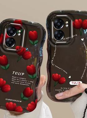 适用于realme真我Q5i波浪郁金香手机壳轻奢复古红色花朵RMX3574透明硅胶保护套全包防摔软壳