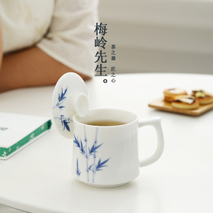 羊脂玉陶瓷纯手绘翠竹茶杯个人专用办公杯马克杯带盖子水杯女生礼