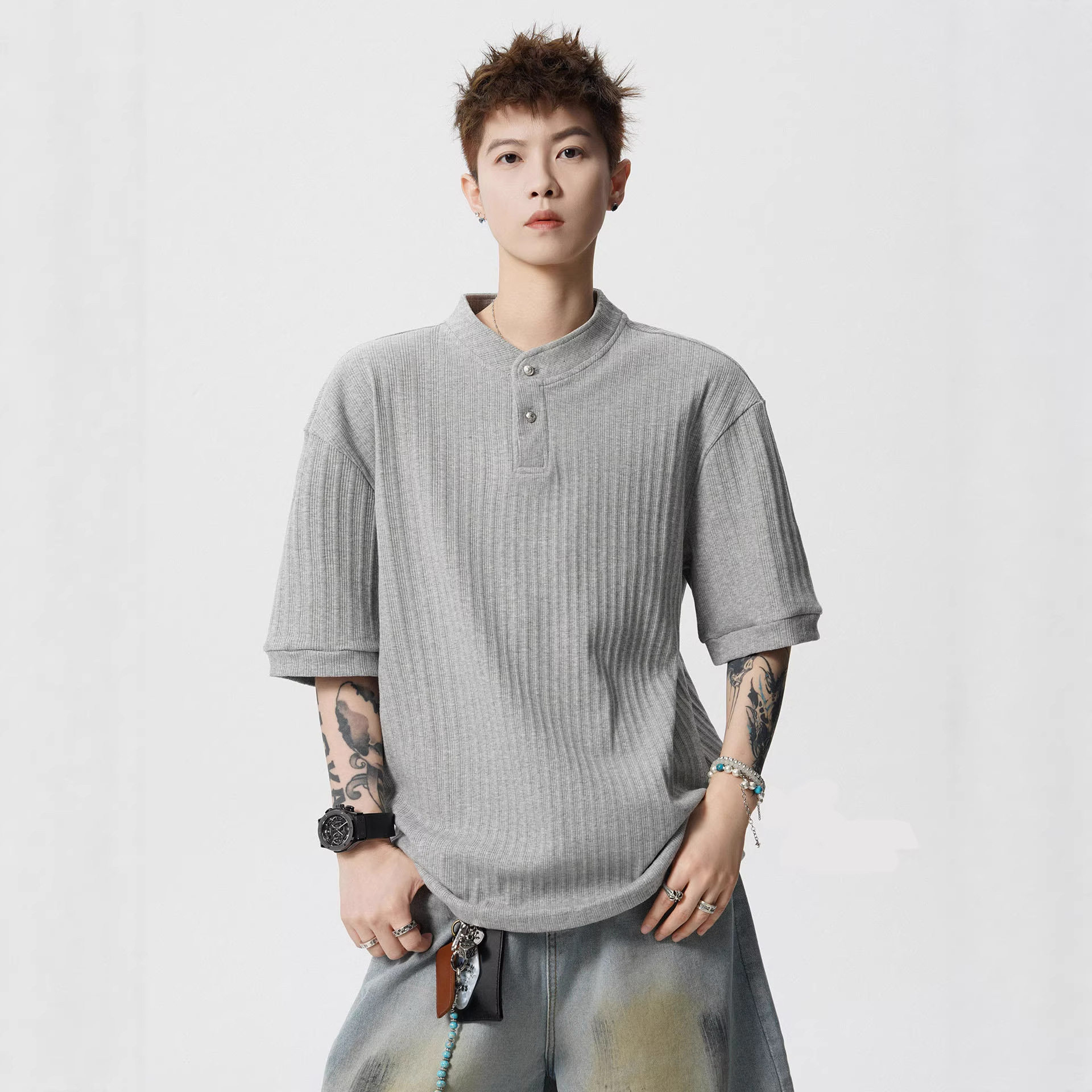 肌理感纹理短袖T恤男夏季美式高街痞帅亨利领POLO衫上衣现货批发