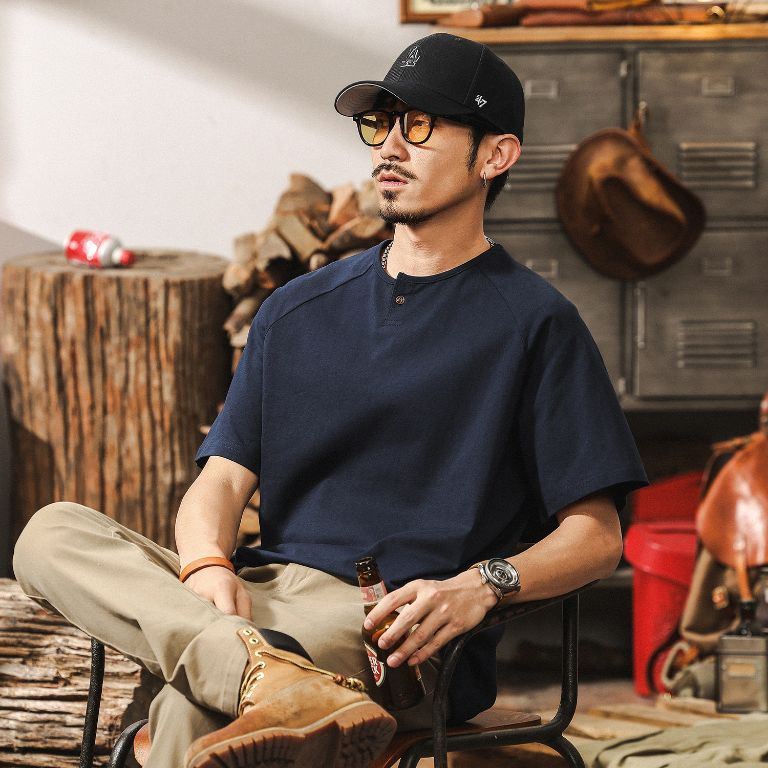 美式复古t恤男士短袖夏季2026新款潮牌亨利领硬汉上衣T男士Polo衫