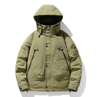 冬季工装羽绒服男短款休闲潮牌冲锋衣羽绒外套白鸭绒加厚连帽衣服