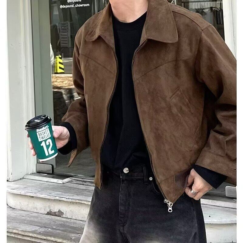 夹克外套韩版复古麂皮绒外套男春秋季飞行夹克水洗短款宽松男装