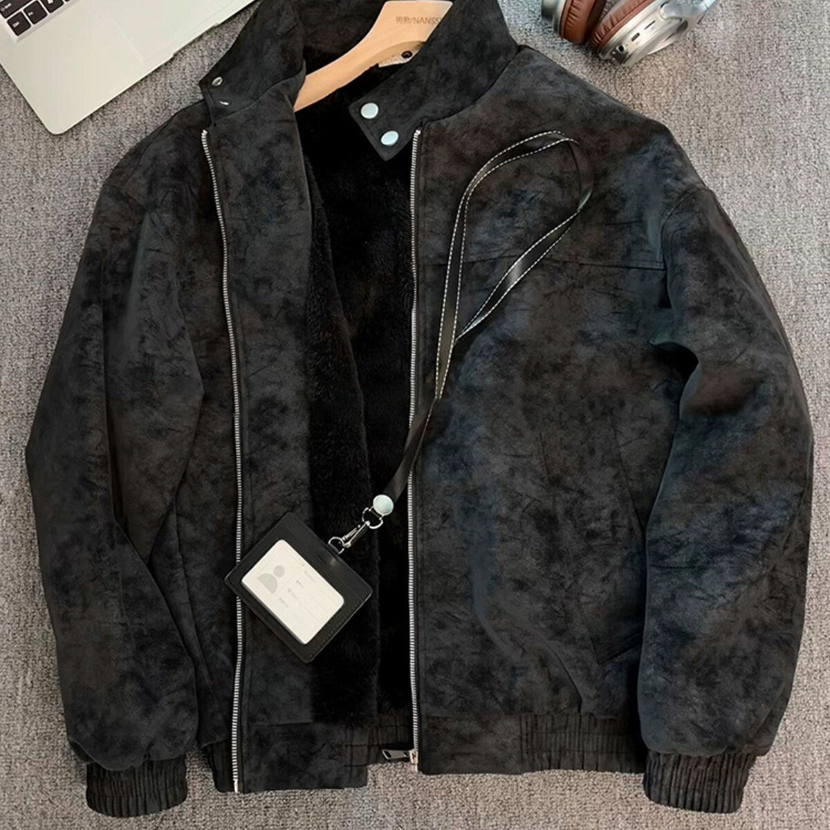 【帅炸了~】美式扎染pu皮羊羔绒外套男款冬季加绒加厚立领棒球服