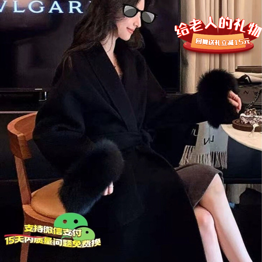 【特价】显瘦百搭秋冬100羊毛双面羊绒大衣女中长款黑色狐狸毛袖