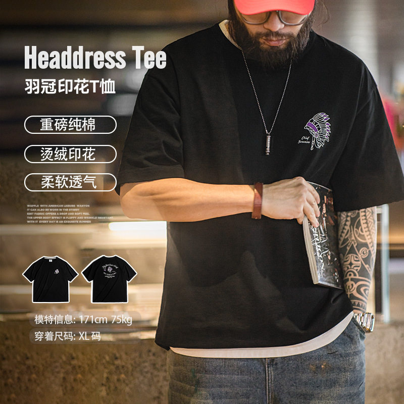 Cleanfit工装美式复古印第安植鞣印花t恤宽松重磅半袖纯棉短袖Tee