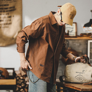 美式复古长袖衬衫男美式工装潮牌猎装上衣男宽松衬衣男士春季外套