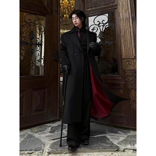 黑色红内教父风衣外套男款秋冬中长款呢子西装英伦风垫肩毛呢大衣