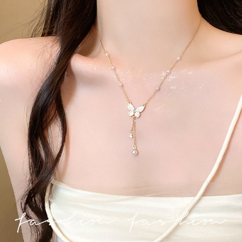 【限时特价】蝴蝶珍珠流苏吊坠钛钢项链女小众高级感轻奢时尚简约