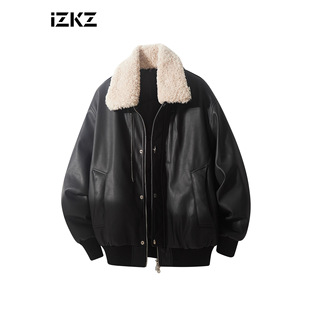 【专柜特价】izkz高级感男士羊羔毛羽绒服翻领短款保暖加厚重磅PU
