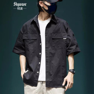 日系工装短袖衬衫男夏季痞帅休闲衬衣新款宽松棉质加肥加大码外套