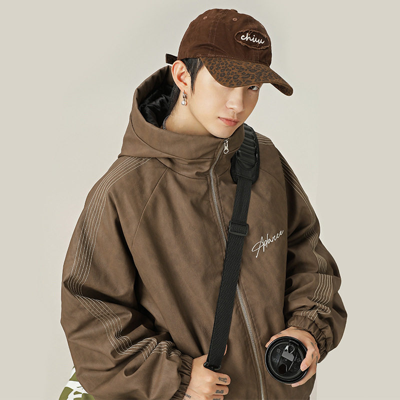 【特价】美式复古连帽pu皮夹棉皮衣棉服男秋冬新款潮牌字母刺绣撞