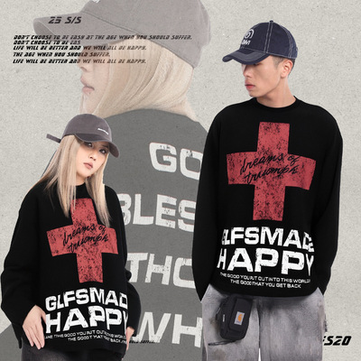 Cleanfit·美式猛男GLFS 25秋冬华夫格十字架励志标语美式复古长