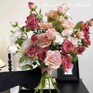 ins法式复古焦边玫瑰客厅花束假花仿真花道具餐桌摆件装饰花摆设