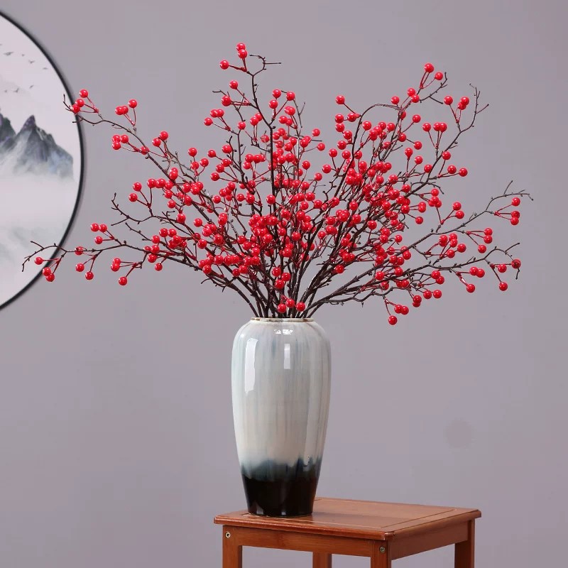 升级仿真花假花红果子 酒店大堂桌面装饰干枝冬青果发财浆果