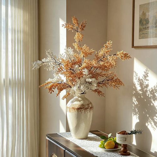 极简风油画雾凇仿真花枯枝插花氛围装饰品客厅餐桌高级感假花摆件