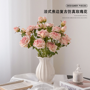 復古焦邊玫瑰擺設仿生手捧花束輕奢高端干花擺件 假花仿真花法式