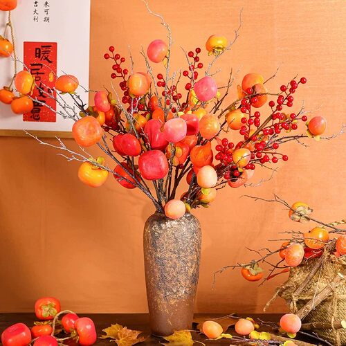 仿真柿子果实假花树枝柿柿如意插花摆件客厅摆设干花装饰绿植摆放