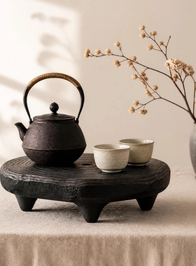 侘寂风实木花盆茶炉底座收纳摆件