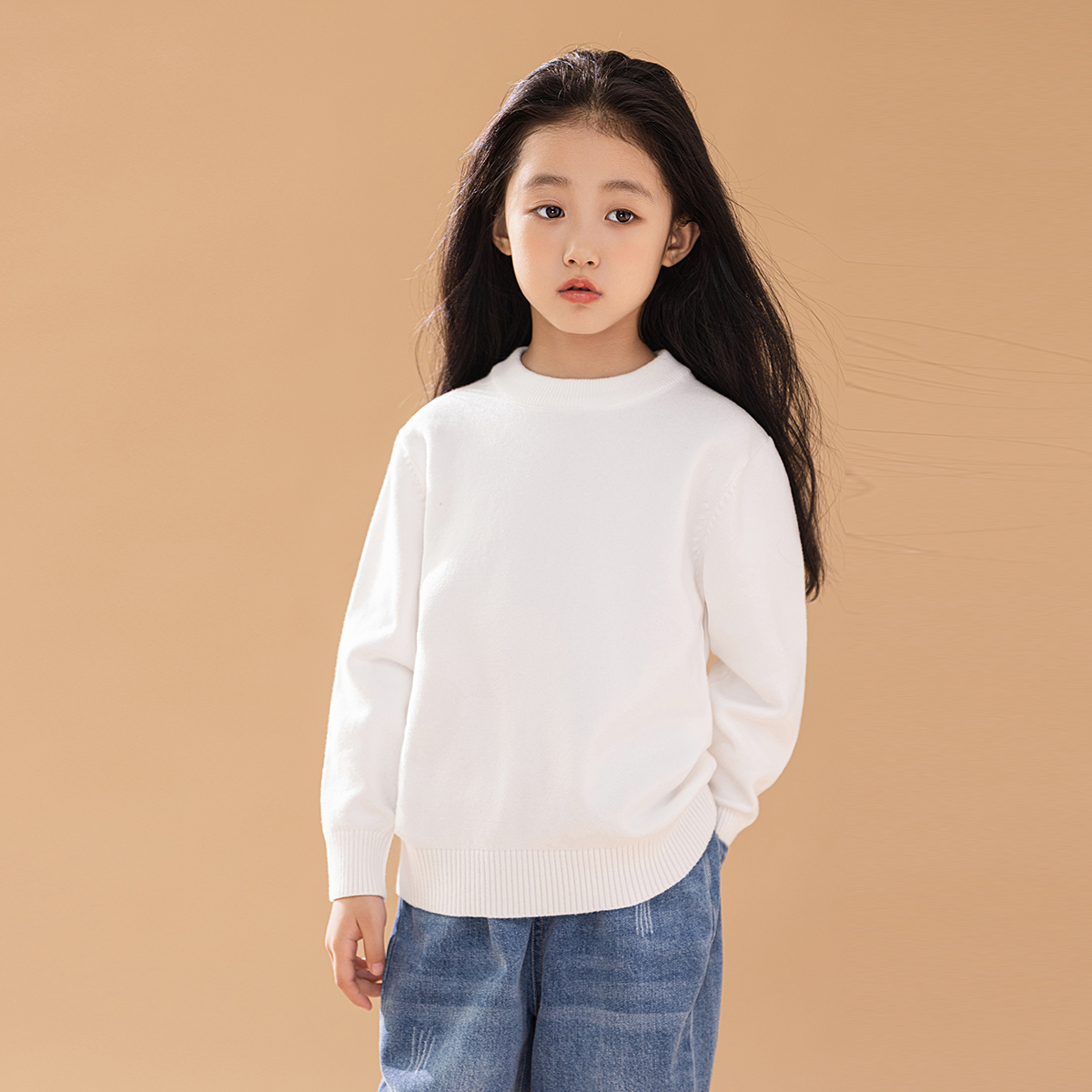 儿童白色纯棉加绒毛衣针织打底衫