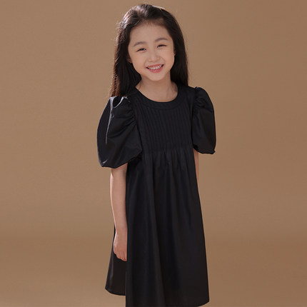 女童短袖连衣裙夏季薄款2025新款儿童泡泡袖裙子黑色高级感礼服裙