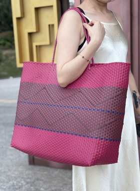 超大号编织包塑料细条纹大容量托特包手提包单肩包购物篮塑编包