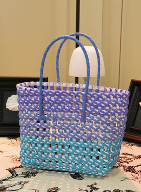 韩国设计师新款镂空编织包度假菜篮子包彩色购物腋下手提单肩包女