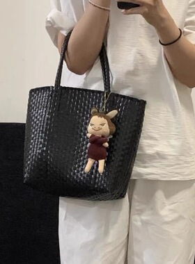休闲包包女款手工编织大容量菜篮子女士通勤单肩包黑色手提托特包