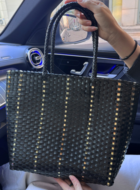 黑金拼色手工编织包女士潮流菜篮子包慵懒风单肩编织欧美风手提包