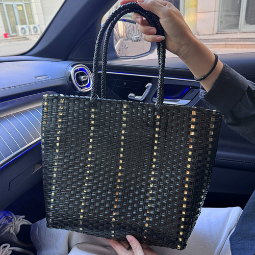 黑金拼色手工编织包女士潮流菜篮子包慵懒风单肩编织欧美风手提包