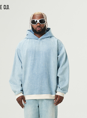 SLAMBLE CLO.新款水洗牛仔帽衫男休闲连帽卫衣潮流美式上衣