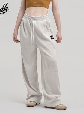 SLAMBLE女士运动休闲阔腿长裤微弯刀细螺纹抽绳垂感宽松显瘦夏季