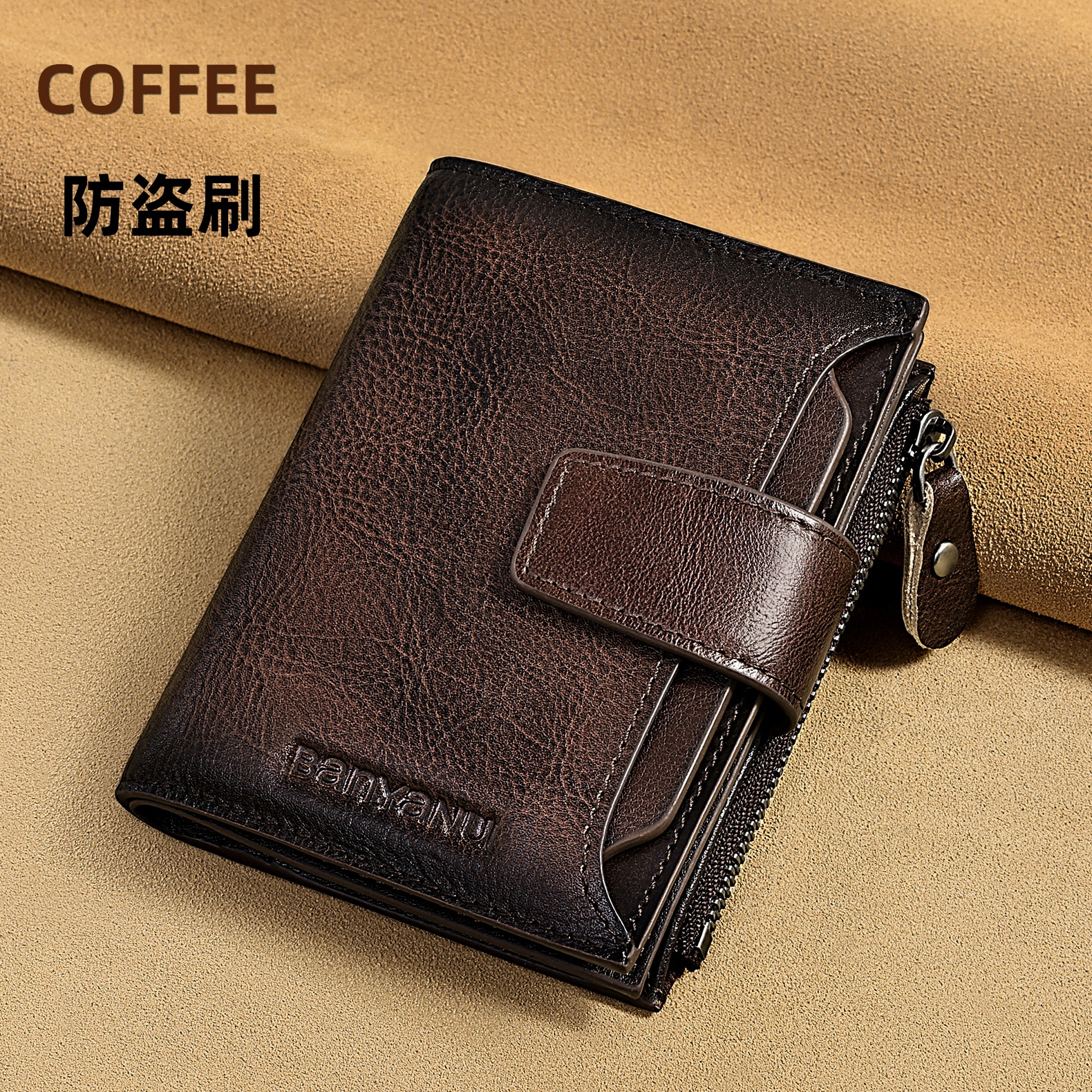 新款头层牛皮三折款男钱包竖款搭扣款式短款皮夹多功能驾驶证卡包