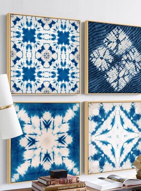 现代简约蓝色酒店民宿扎染图案餐厅装饰画方形挂画背景墙组合