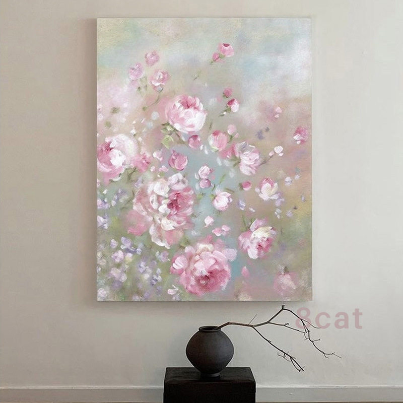 奶油风纯手绘油画植物玫瑰花卉肌理装饰画餐厅客厅玄关民宿挂画