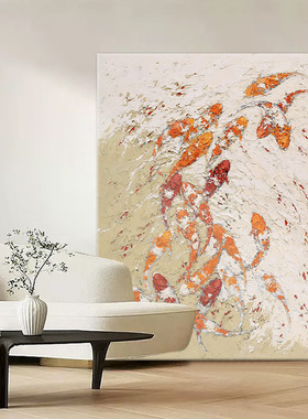 锦鲤九鱼图手绘油画奶油风玄关客厅餐厅挂画小众艺术画手绘油画