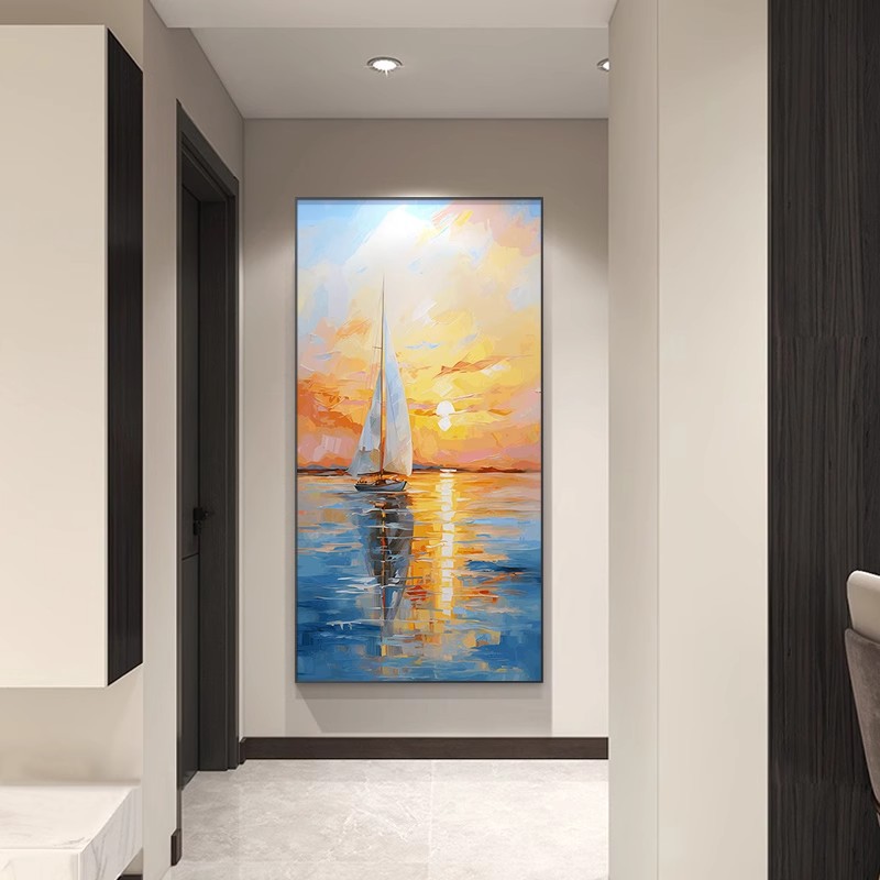 纯手绘一帆风顺油画入户玄关装饰画轻奢高档挂画沙发墙日出风景画