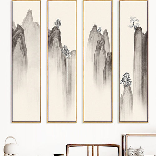 4NF8新中式山水装饰画现代水墨画竖条屏四联古风挂画客厅茶室