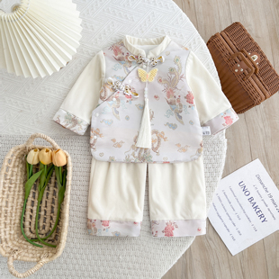 婴儿秋季分体套装中国风女宝宝百天周岁礼服抓周衣服两件套春秋款